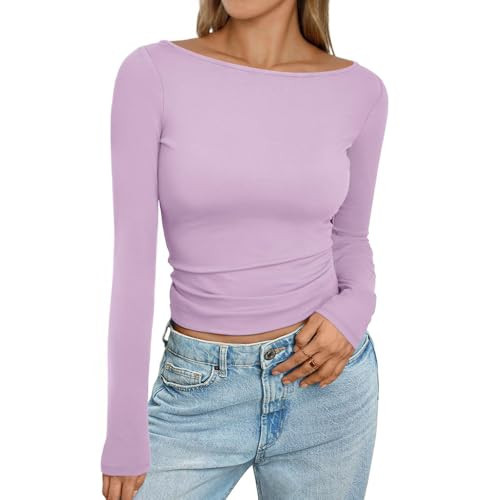 Purple Long Sleeve Shirts for Women Y2k Skinny Boat Neck Going Out Tops Sexy Tights Business Casual Basic Cute Tunic Tops Casual Plain Layering Tees Comfy Tshirts Shirts Streetwear 2025 Spring Tops | Amazon (US)