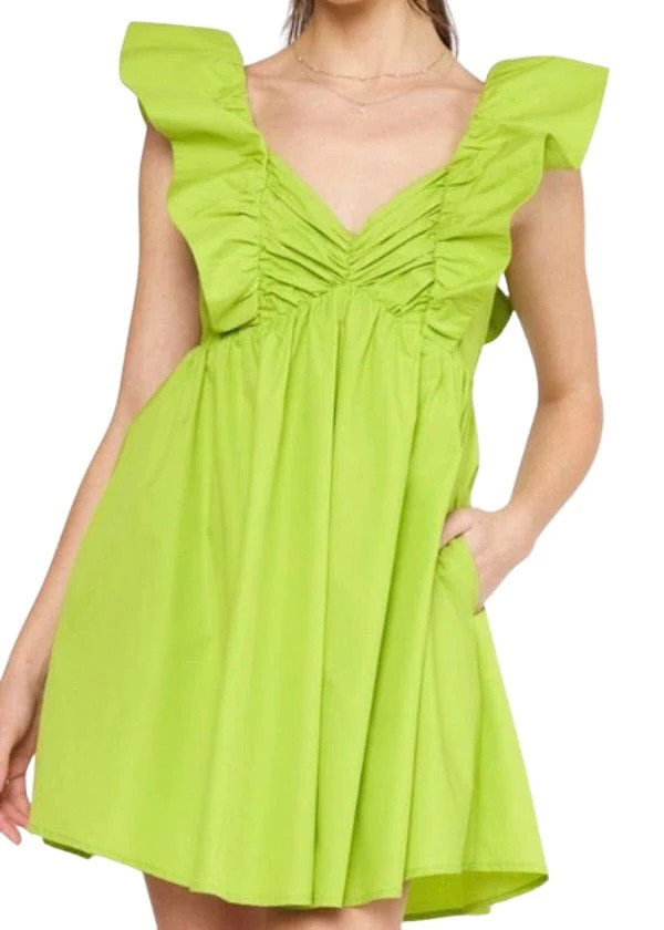 Lime ruffle shoulder mini dress | Mulberry & King