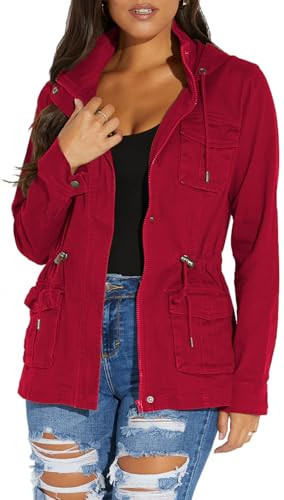 sexycherry Casual Red Hooded jacket for women Long Sleeve Outwear Long Full Zip Up Coat With Button Pockets Drawstrings(Large) | Amazon (US)