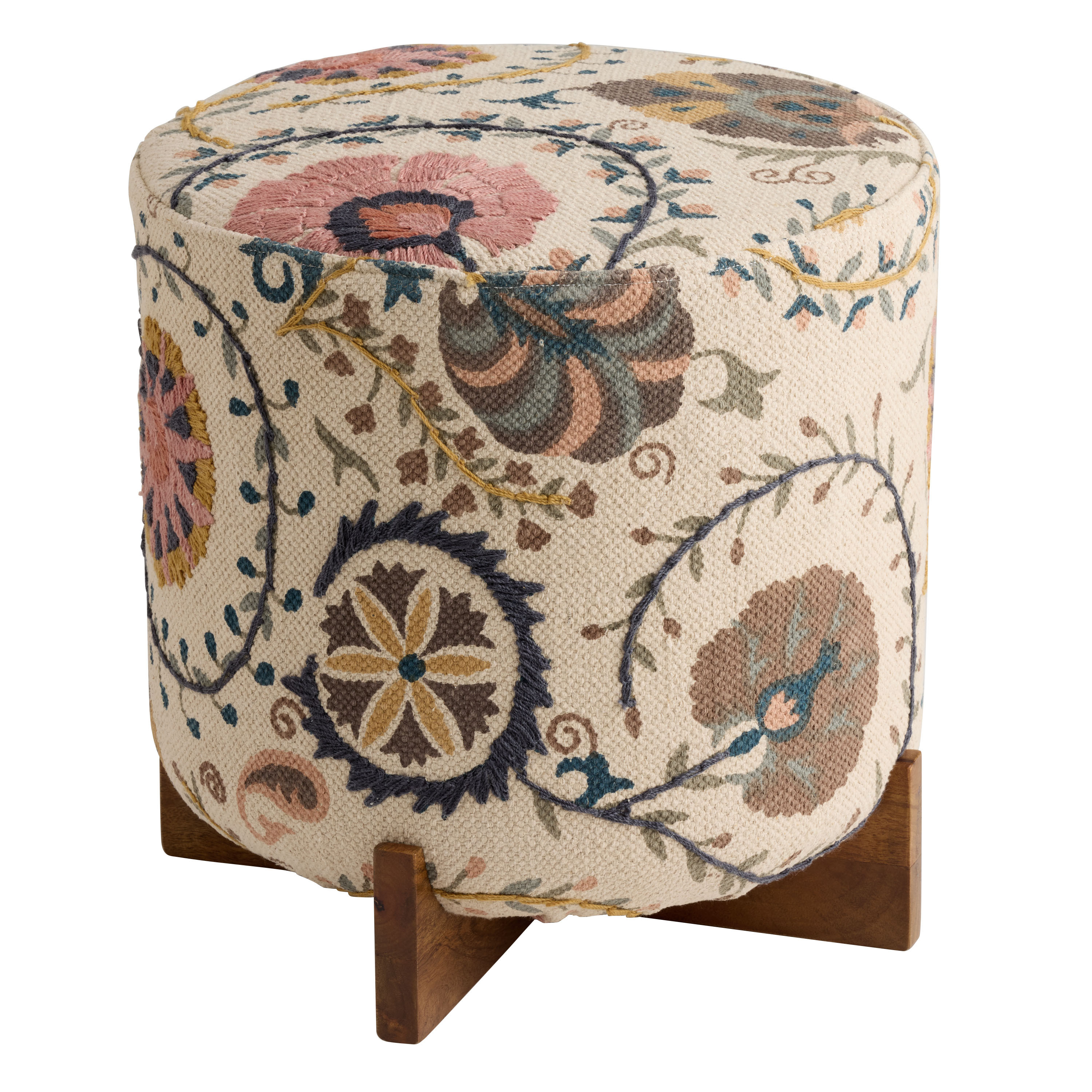 Jaipur Suzani Embroidered Cotton Rug Upholstered Ottoman | World Market