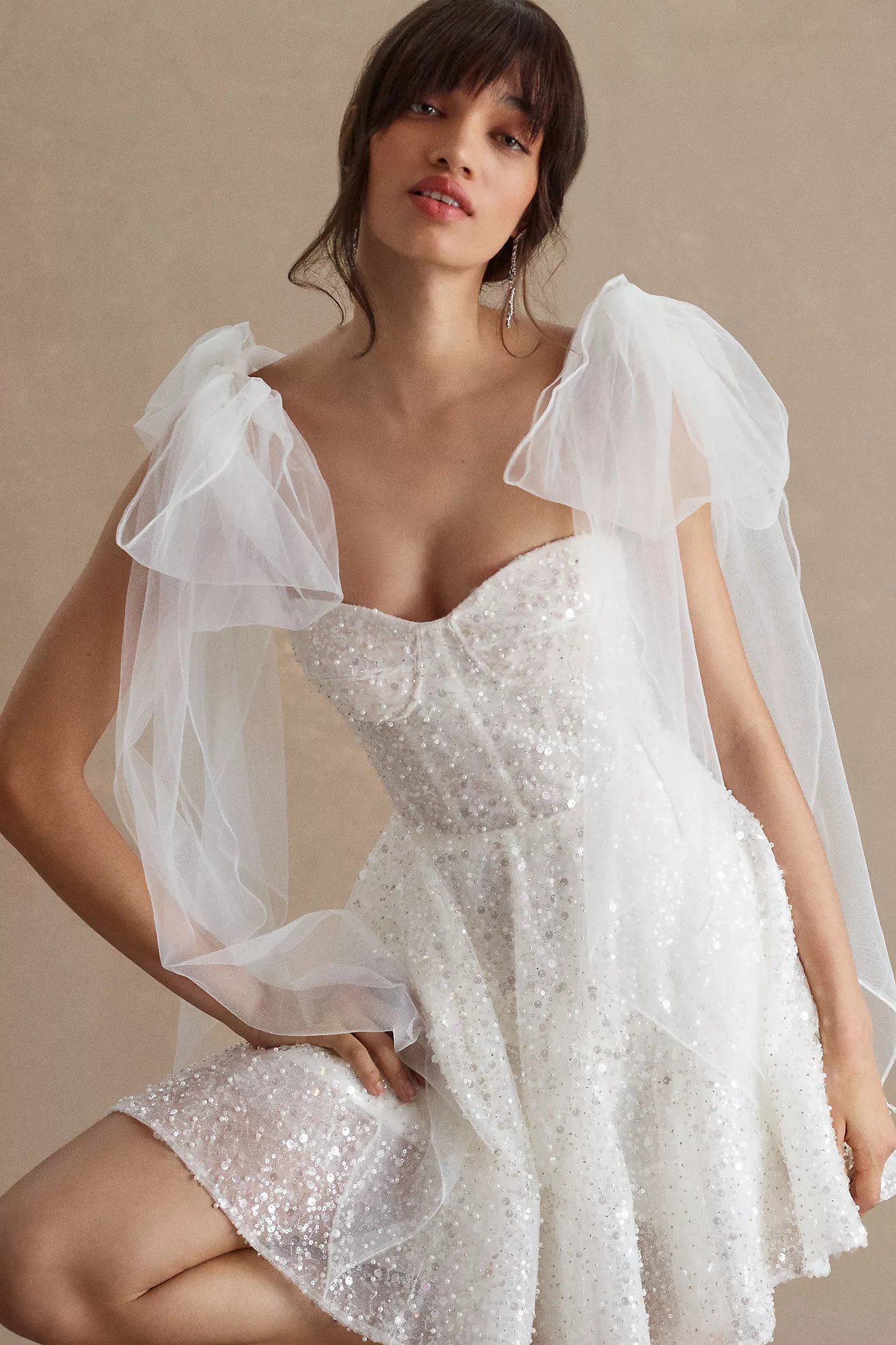 watters palma sequin removable tulle sleeve mini dress UMBERTA | Mermaid wedding dress with square neckline in crepe