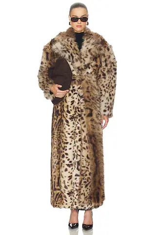 AKNVAS Kassel Faux Fur Lynx Long Coat in Tan & Brown from Revolve.com | Revolve Clothing (Global)