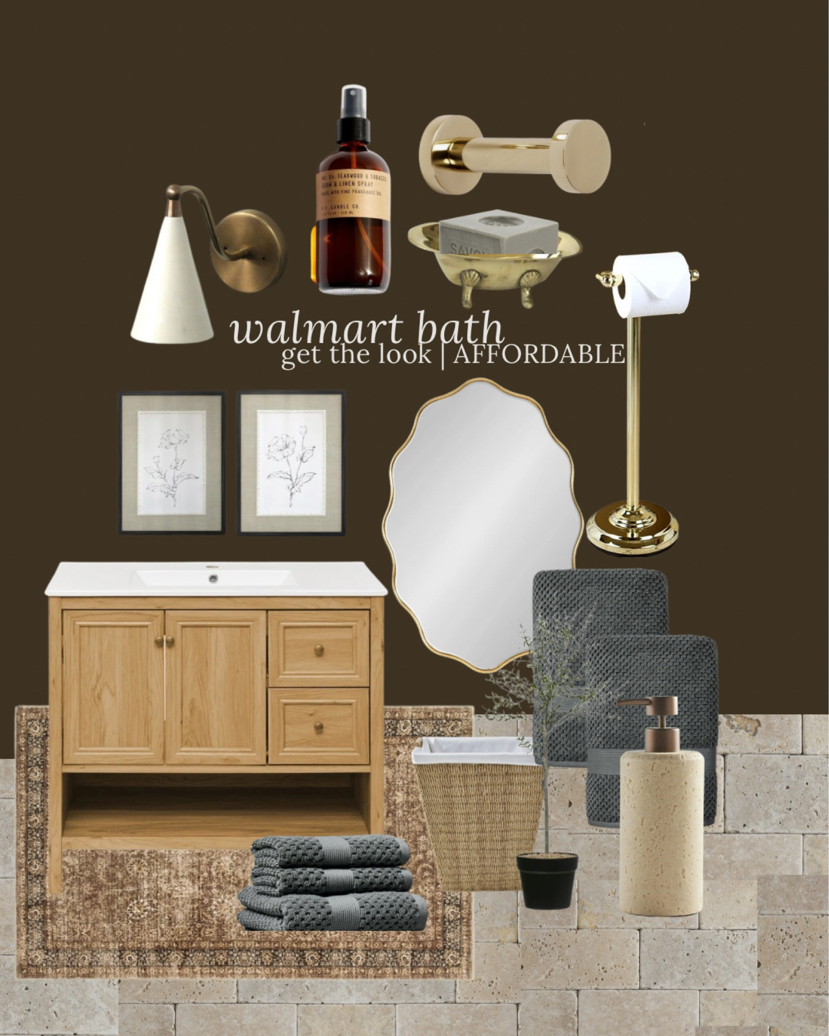 Walmart Bath get the look, affordable bathroom from Walmart, bath, towel, towels, hand towels, set of art prints, brass, toilet paper holder, hand soap, dispenser, mid-century, modern wall, sconces, room, spray, artificial topiary tree

#LTKHome #LTKSaleAlert #LTKStyleTip