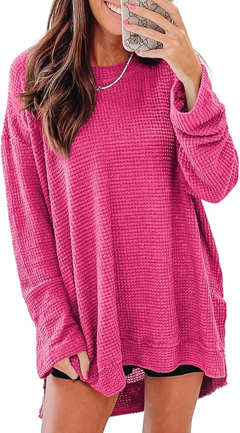 SHEWIN Long Sleeve Shirts For Women Oversized Sweatshirt Crewneck Waffle Knit Fall Tops for Women... | Amazon (US)