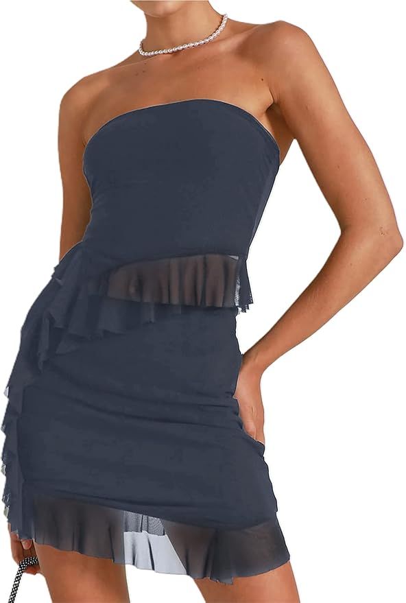 CSDAJIO Women's Asymmetrical Ruffle Hem Strapless Tube Top and Skirt Matching Set Summer 2 Pieces... | Amazon (US)