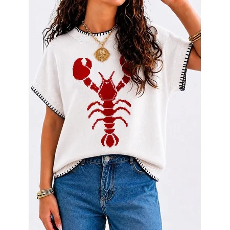 Womens Lobster Sweater Shirt Crochet Tshirts Short Sleeve Crew Neck Causal Knit Summer Tops Red M | Walmart (US)