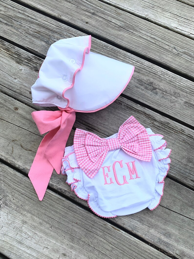 Monogrammed Baby Bonnet W/ Button on Back and Bloomers Set, Bonnet and Diaper Cover, Baby Shower ... | Etsy (US)