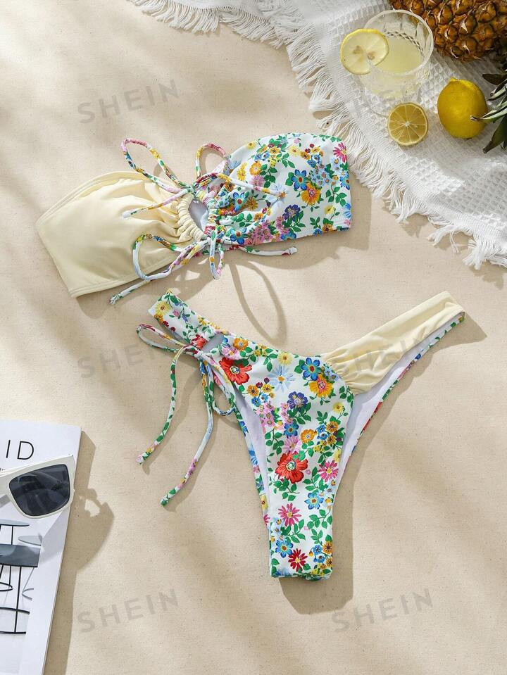 SHEIN Swim Mod Women's Floral Printed Lace Up Swimsuit Set | SHEIN