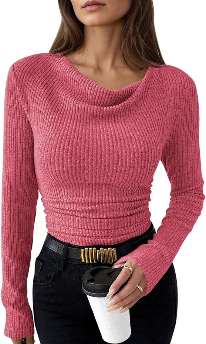 Pink Queen 2025 Fall Cowl Neck Tops for Women Long Sleeve Ruched Slim Fit Ribbed Trendy Shirts | Amazon (US)