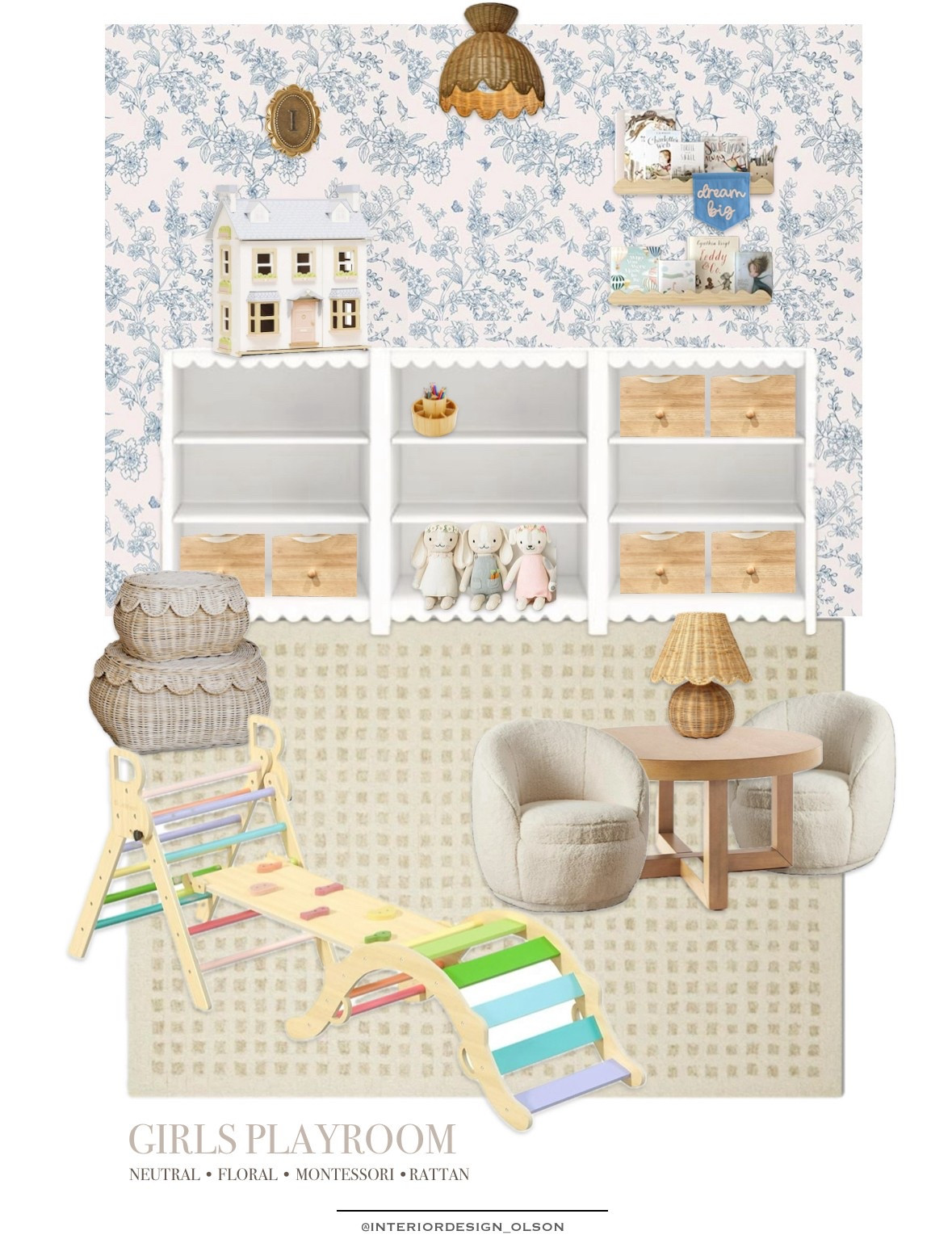 Whimsical girls’ playroom reveal! This floral, Montessori-inspired setup features scalloped storage, soft neutral tones, and rattan details—perfect for imaginative play and cozy reading corners. From toddler-friendly seating to a rainbow climber, every detail is functional and beautiful. Shop the full look! #GirlsPlayroom #MontessoriPlayroom #FloralWallpaper #NeutralKidsRoom #RattanDecor #LTKkids #PlayroomGoals #InteriorDesignOlson #ScallopedShelves #ToddlerRoomDecor #AmazonFinds #TargetStyle

#LTKFamily #LTKBaby #LTKKids