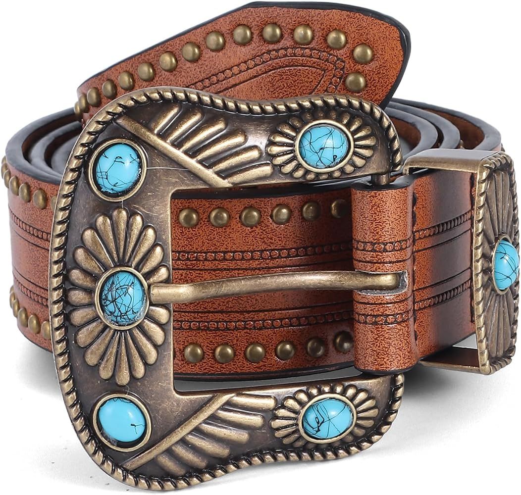 Ovida Western Belts for Women Double Buckle Cowgirl Cowboy Belt Floral Engraved Leather Country B... | Amazon (US)