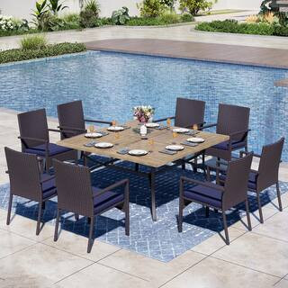 Black 9-Piece Metal Square Patio Outdoor Dining Set with Wood Finish Table and Rattan Chair with Blue Cushion | The Home Depot