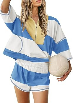 Yanekop Womens 2 Piece Outfits Summer Striped Lounge Set Two Piece Matching Workout Sets Oversize... | Amazon (US)