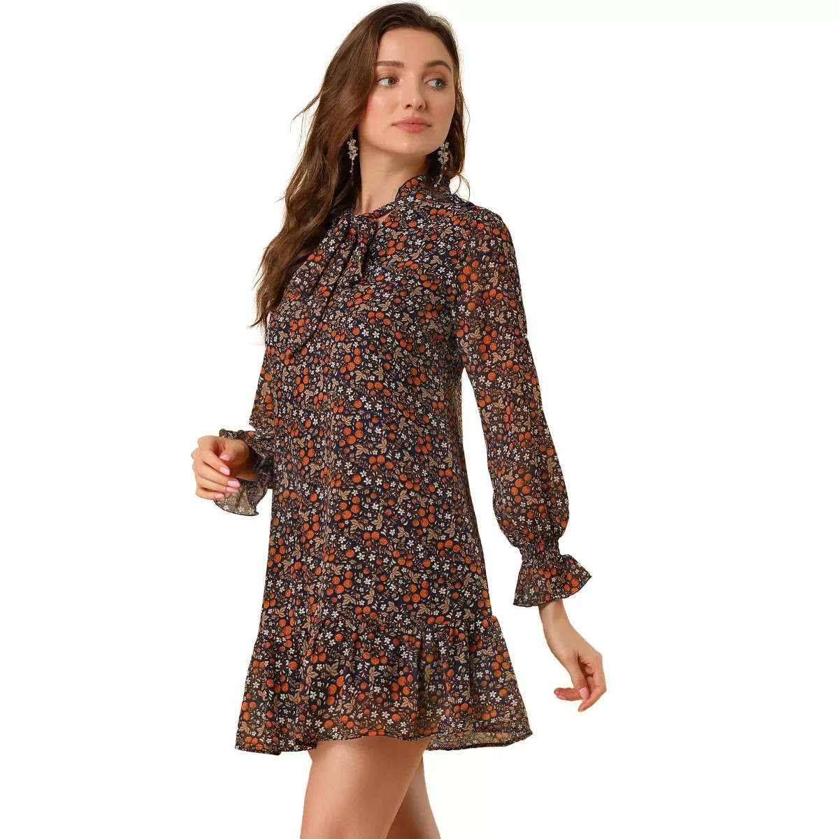 Allegra K Women's Floral Dress Loose Chiffon Ruffle Self Tie Neck Shift Dresses | Target