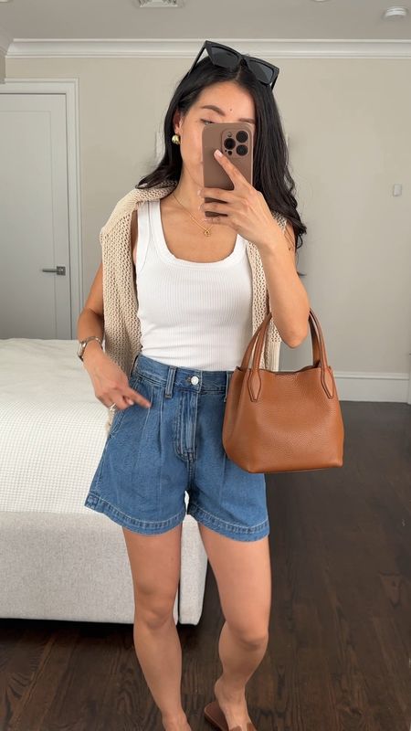 Petite friendly denim shorts

• Madewell Harlow Jean shorts (I sized down to 23P ) - flattering at the front and back with trouser inspired details 

• Madewell pebbled leather bag with detachable strap 

• white tank xxs, this is less sheer and a fitted material with a little shaping and hold . Cropped curved hem

• Hermes sandals, linked similar 

#LTKfindsunder100 #LTKitbag #LTKxMadewell