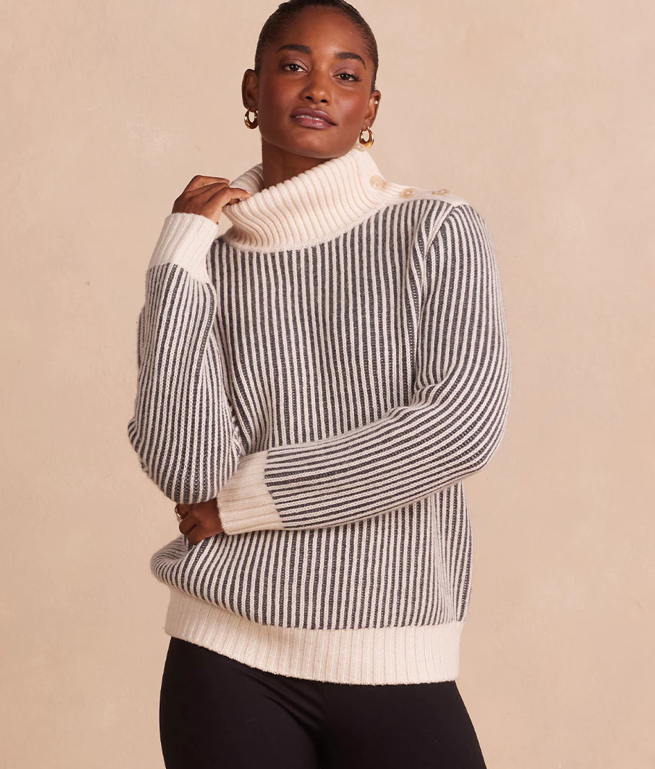 The Luxe Cashmere Blend Two-Tone Button Neck Sweater | SummerSalt