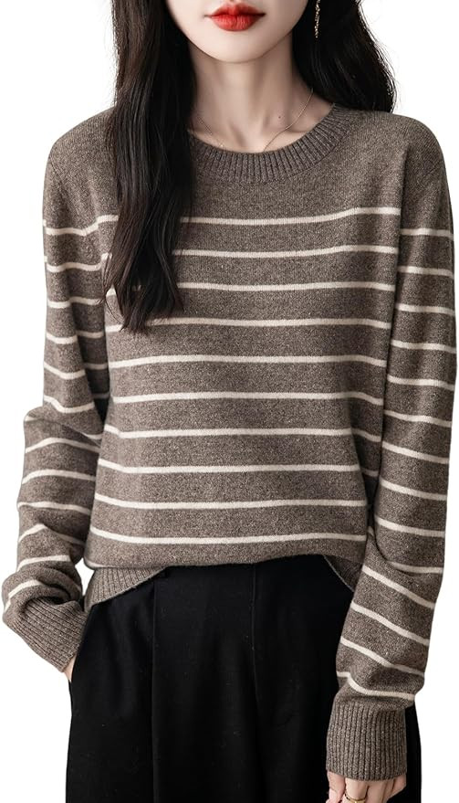 Women's 100% Merino Wool Sweater 2024 Fall Winter Crew Neck Striped Long Sleeve Warm Soft Knit Sw... | Amazon (US)