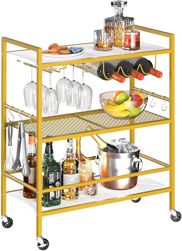 Yoobure Bar Cart with Wheels, Bar Carts for The Home, 3-Tier Rolling Kitchen Cart with Wine Rack ... | Amazon (US)