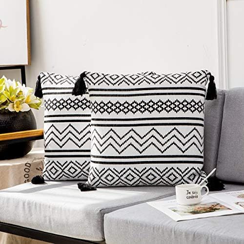 NY Boho Throw Pillow Covers 18X18 Inch, Set of 2, Black and White Cotton Woven Decorative Throw P... | Amazon (US)