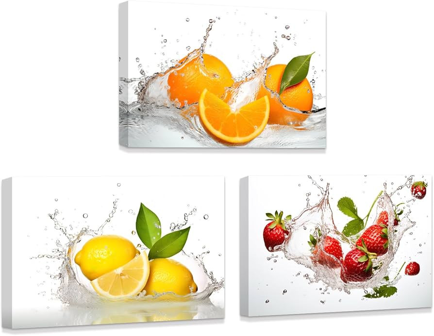 ZXHYWYM 3 Piece Kitchen Wall Art Fruit in Water Canvas Fresh Orange Lemon Strawberry Pictures Pri... | Amazon (UK)