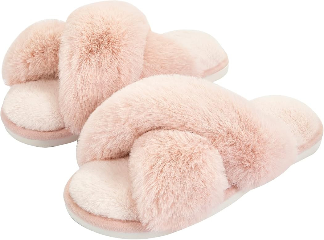 Amazon.com | Metog Womens Slippers fuzzy Cross Band slippers for women Pink Medium | Slippers | Amazon (US)