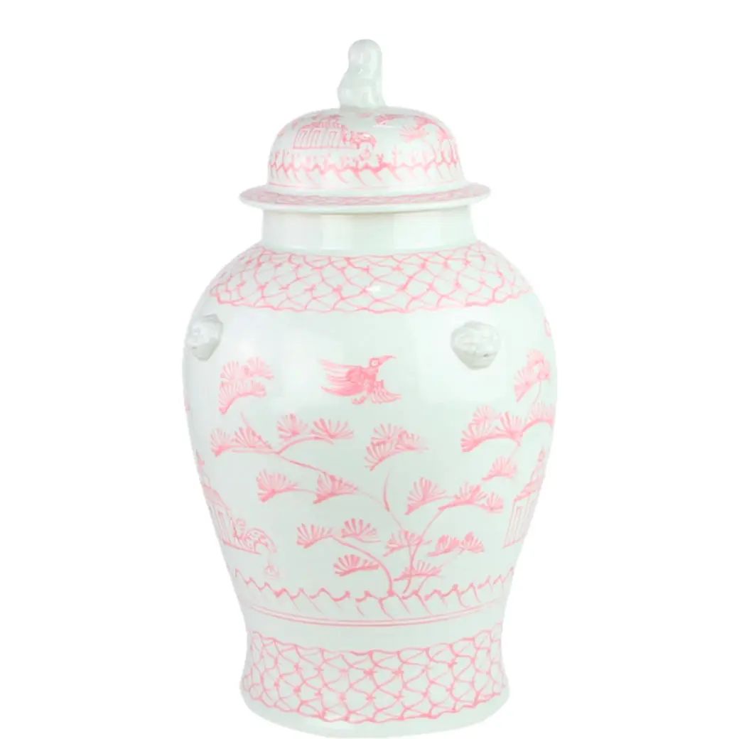 Village Scene Ginger Jar in Pale Pink and White | Chairish