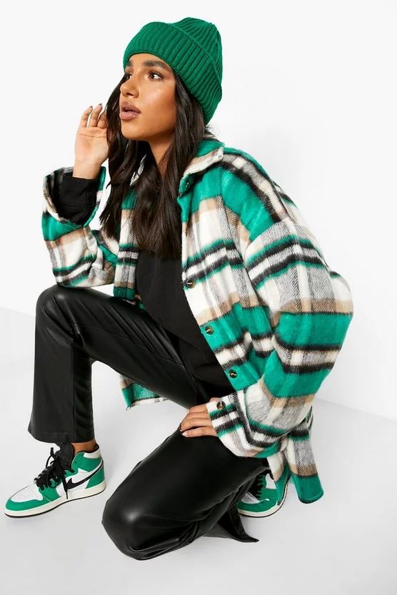 Green Super Oversized Check Shacket | Boohoo.com (US & CA)