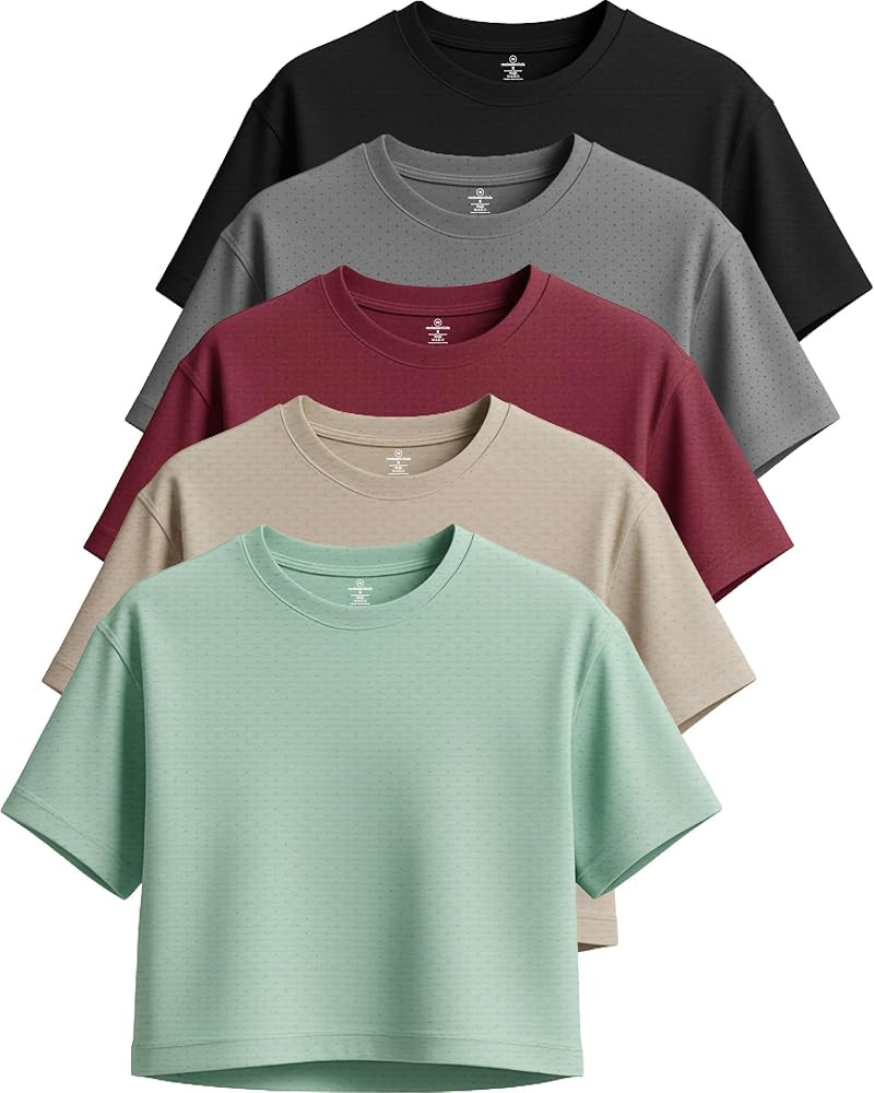 Real Essentials 5 Pack: Women's Dry-Fit Breeze Tech Crop Tops \u2013 Short Sleeve Athletic Workou... | Amazon (US)