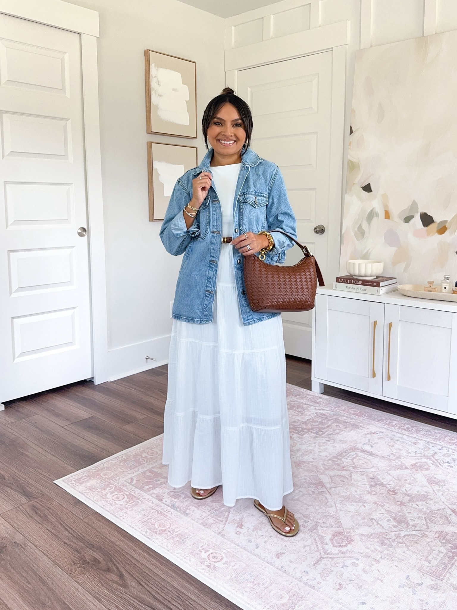 Denim jacket - old, similar linked
White tank size - xs petite TTS
Brown belt size xs TTS
White maxi skirt size - xs TTS 
Gold flip flops size 6 - fits like a 5.5


#LTKPetite #LTKStyleTip #LTKSaleAlert