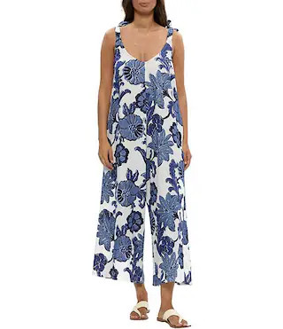 Talisman Temple Linen Blend Floral Print V-Neck Sleeveless Full Length Jumpsuit | Dillard's | Dillard's