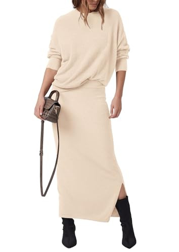 PRETTYGARDEN Women's Two Piece Matching Sweater Sets Knit Long Sleeve Pullover Tops Bodycon Long Maxi Skirts Fall Outfits (Beige,X-Large) | Amazon (US)