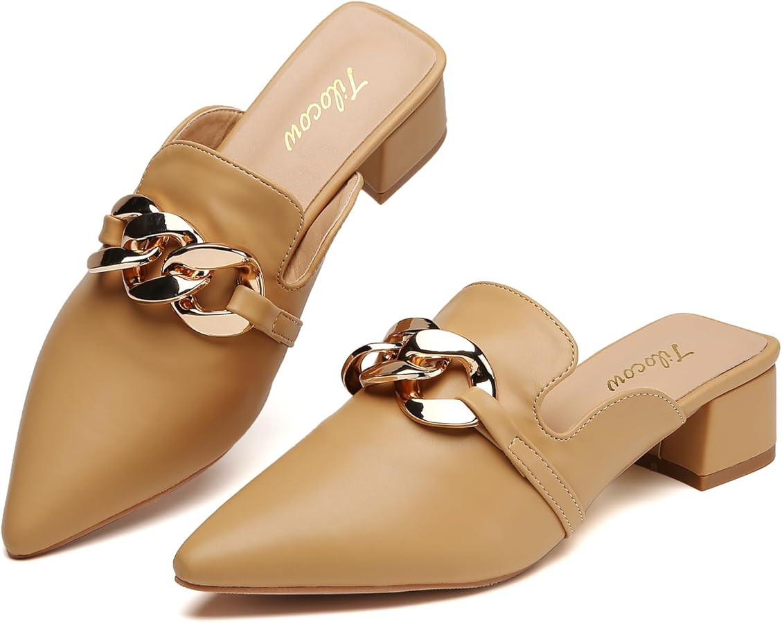Tilocow Metal Chain Decor Mules Heels for Women Chunky Heeled Sandals Slip on Closed Toe Slides f... | Amazon (US)