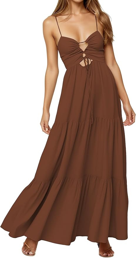 Womens Summer Floral Spaghetti Strap Backless Low Cut Smocked Milkmaid Flowy Beach Sundresses | Amazon (US)