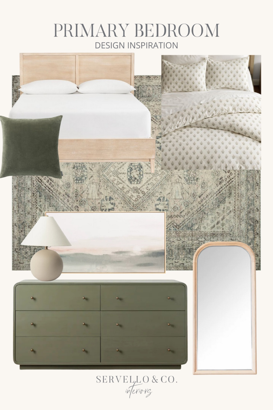 Primary bedroom design, master bedroom design, olive green bedroom, floral duvet cover, oak wood bed, green throw pillows, McGee and co sale, McGee and co dresser, oak floor length mirror, round table lamp 

#LTKsalealert #LTKhome #LTKfamily