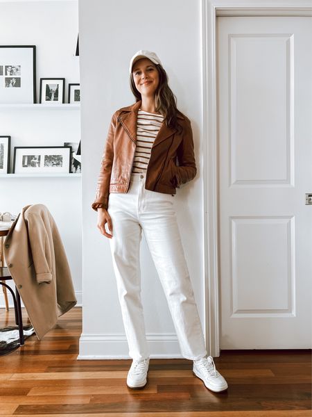 Jacket is ABLE Maha jacket (can’t link here but use code JESSKEYS15 for a discount! Can’t link shirt (Sezane) but linking jeans (run big, size down one size, I have 25) sneakers on sale and TTS! Hat is a great Amazon steal! 