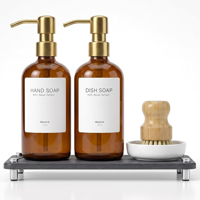 Kitchen Soap Dispenser Set, 2 Pack 16oz Amber Glass Dish Soap and Hand Soap Dispenser with Gold S... | Amazon (US)