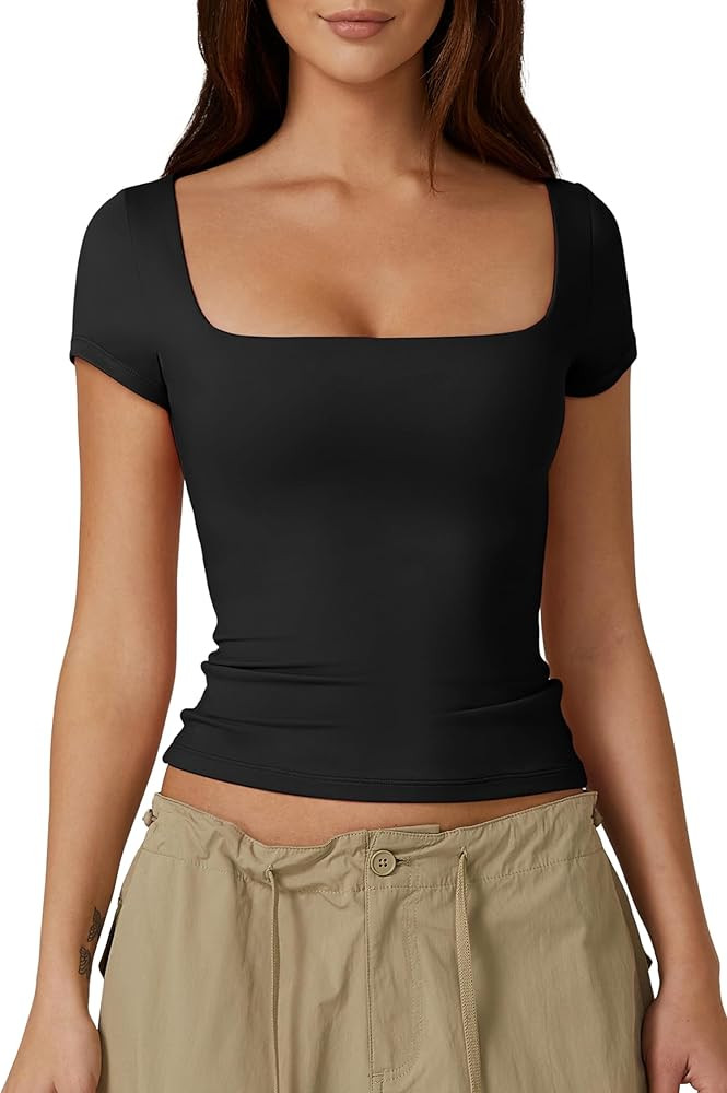 QINSEN Women's Square Neck Short Sleeve Double-Layer Tops Basic Slim Fit Going Out T Shirt | Amazon (US)