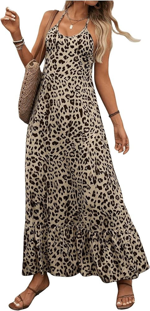 SweatyRocks Women's Leopard Print Ruffle Sleeveless Halter Maxi Dress Vacation Dresses | Amazon (US)
