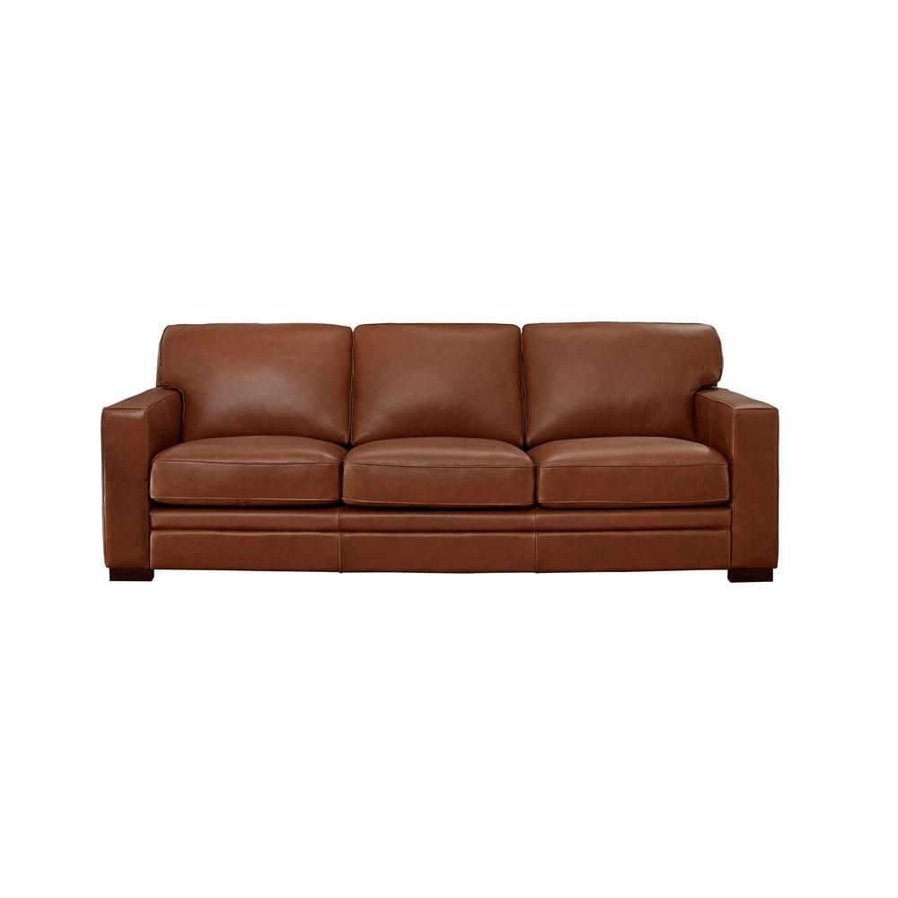 Dillon 96 in. Cinnamon Brown Leather 3-Seater Lawson Sofa with Removable Cushions | The Home Depot
