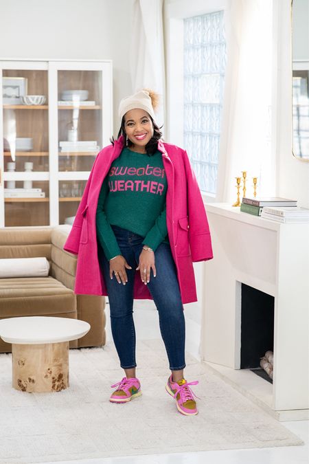 Absolutely loving this look for a chilly winter day!💕💚

Winter weather outfit. Sweater. Cold weather outfit. Women’s winter fashion. Pink coat. Green sweater. Nike sneakers. 

#LTKstyletip #LTKSeasonal #LTKshoecrush