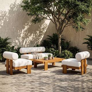 Beryl Teak Finish 4-Piece Outdoor Solid Wood Patio Conversation Set with Beige Cushions and Round Back Design | The Home Depot