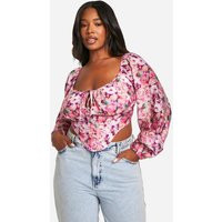 boohoo Women's Plus Floral Tie Front Corset Top in Pink | Size: 24 | Cotton | boohoo (US & Canada)
