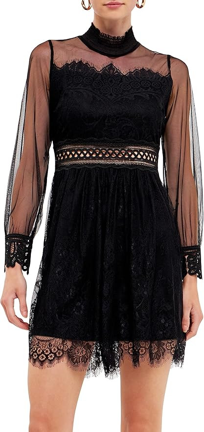 endless rose Women's Long Sleeve Lace Mini Dress Black | Amazon (US)