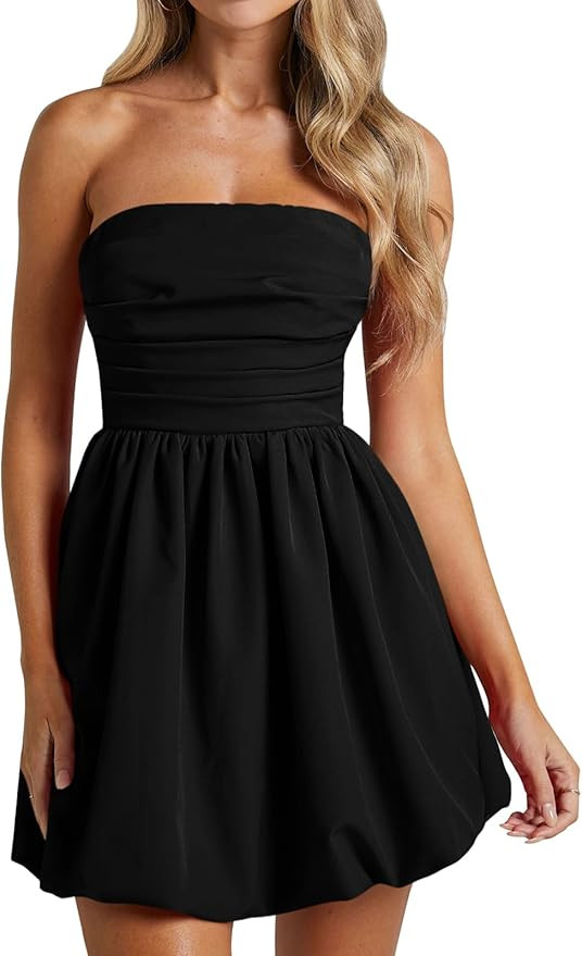 Wenrine Women's Sexy Strapless Summer Mini Dress Sleeveless Smocked A Lined Bubble Wedding Club P... | Amazon (US)