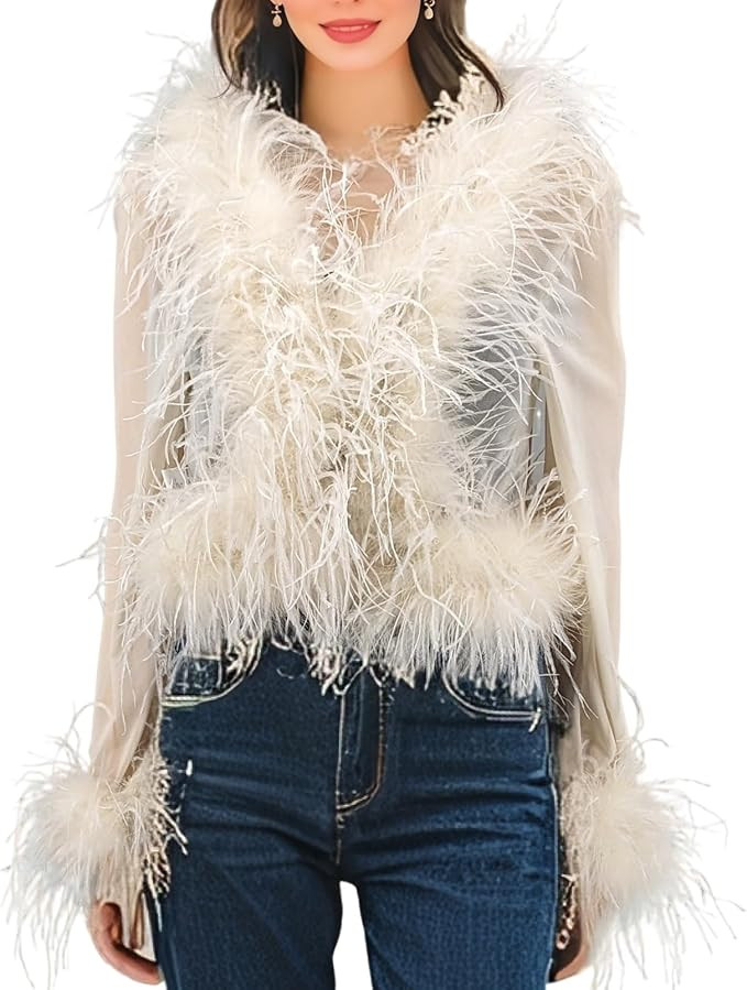 LVCOMEFF Real Ostrich Feather Trim Mesh Crop Top See-Through Black Sheer Shirt Jacket Clubwear Y2... | Amazon (US)