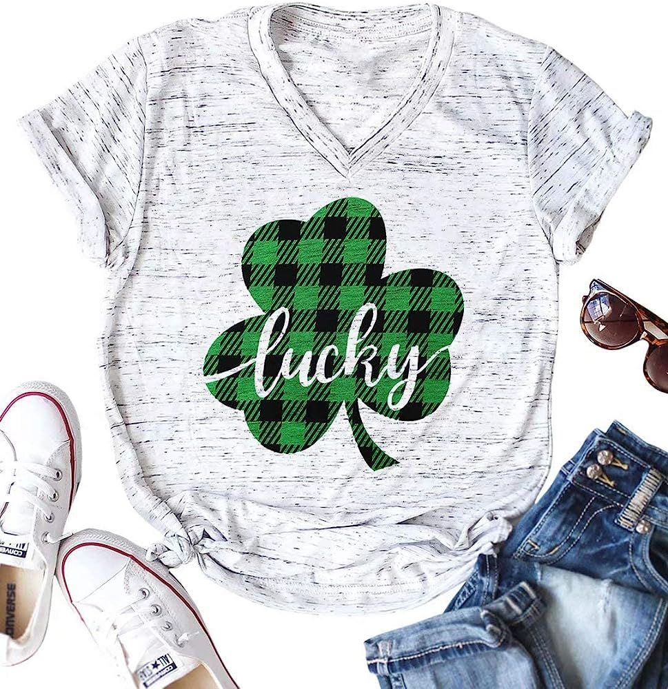 Lucky Irish St.Patrick's Day Shirt Plaid Shamrock Graphic Short Sleeve Tops V Neck Funny Tee | Amazon (US)
