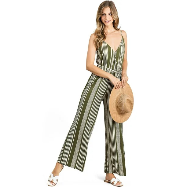 Mine Women's Juniors Stripe Wide-Leg Slinky Stripe V-Neck Jumpsuit (M, Olive) - Walmart.com | Walmart (US)