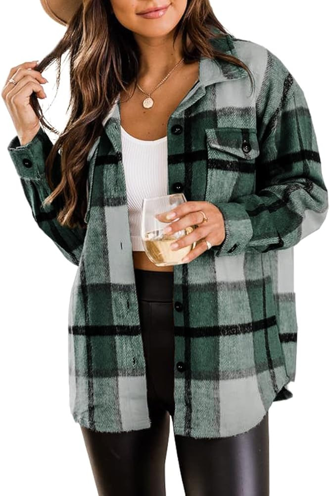 Blansdi Women’s Casual Plaid Flannel Shacket Jacket Oversized Button Down Long Sleeve Fall Shir... | Amazon (US)