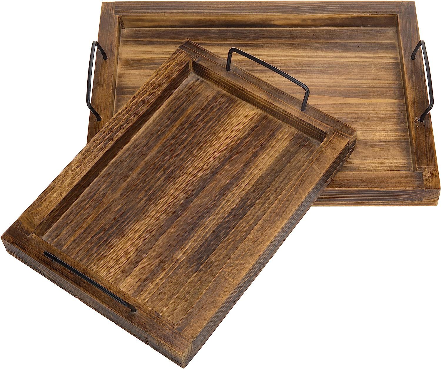 MyGift Set of 2 Country Rustic Burnt Wood Finish Rectangular Nesting Serving Trays w/Metal Handle... | Amazon (US)