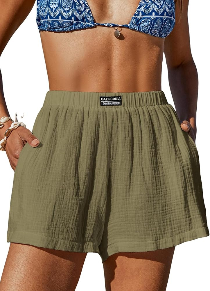 CUPSHE Women's Casual Shorts Cotton High Rise Beach Cover Ups Summer Shorts with Pockets | Amazon (US)